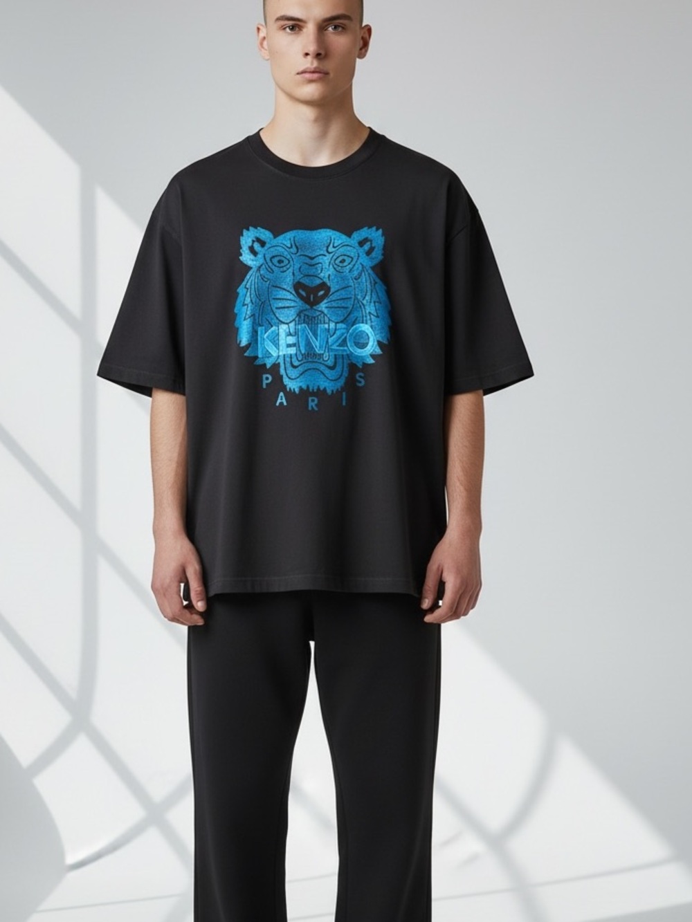 Kenzo Black Tee with Vibrant embroidered Blue Tiger Motif